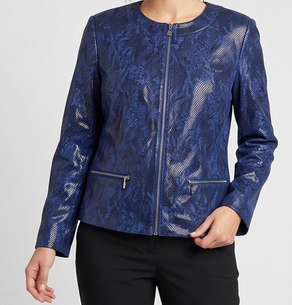 JM Collection Jackets & Blazers - JM Collection Size 14 Blue Faux Snakeskin Print Full Zip Jacket Metallic Texture